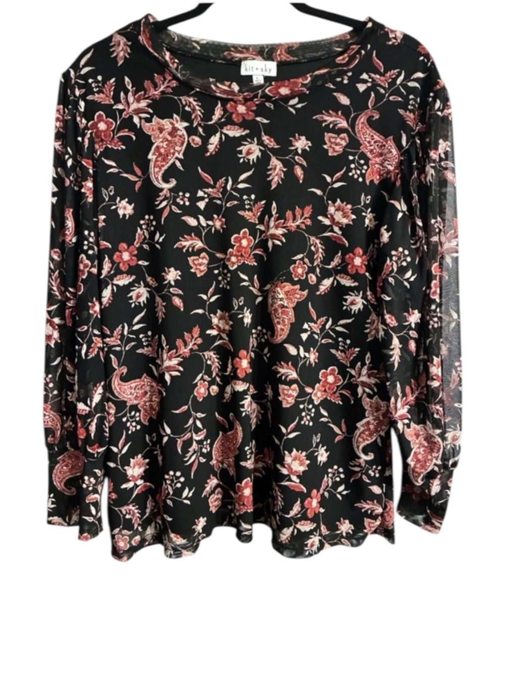 🎁 Kit + Sky Black Floral Paisley 3/4 Sleeve Top Sz Large Soft Stretch Blouse EUC
